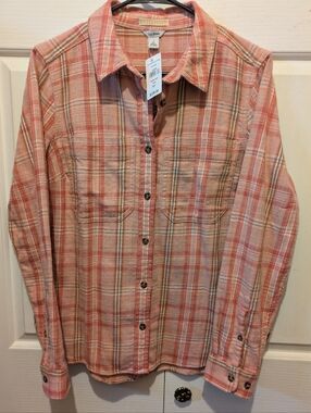 L.L. Bean Women's Field Flannel Adobe Rose Plaid Button-Down Shirt Size S New!